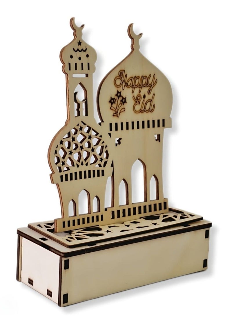Al Zaabiah Happy Eid Wood Mosque Table Lamp Décor – 19 × 14 cm | Elegant Ramadan & Eid Accent - Image 1
